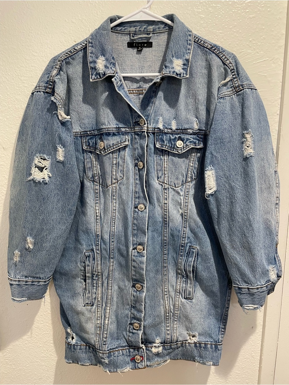 Fiore Distressed Denim Jacket Medium Oversized Longline Boyfriend Blue Jean
